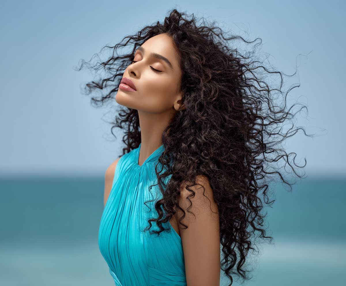 Model with aqua teal long curly hair, messy beachy spirals, ocean breeze effect, natural curl volume, serene sea background, wind in hair, full length, vibrant editorial fashion
