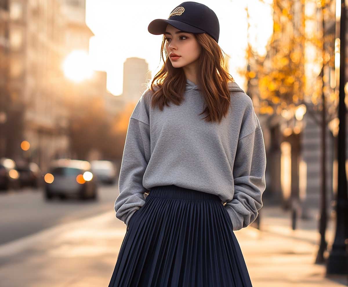 stylish young woman in a loose gray hoodie and a navy blue pleated maxi skirt, wearing a navy baseball cap, standing on a city sidewalk, golden hour light, casual urban vibe, full-length fashion look, soft street style aesthetic
