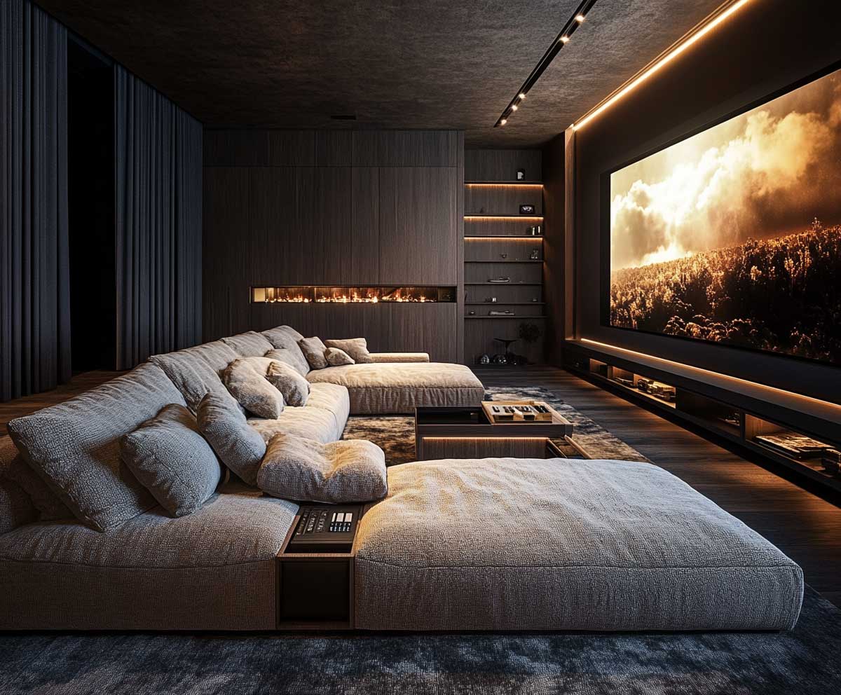 luxurious media room, L-shaped sectional sofa in boucle fabric, built-in charging stations and storage, ambient lighting, large flat-screen wall, cozy setting, modern home interior, cinematic atmosphere, realistic lighting, soft textures
