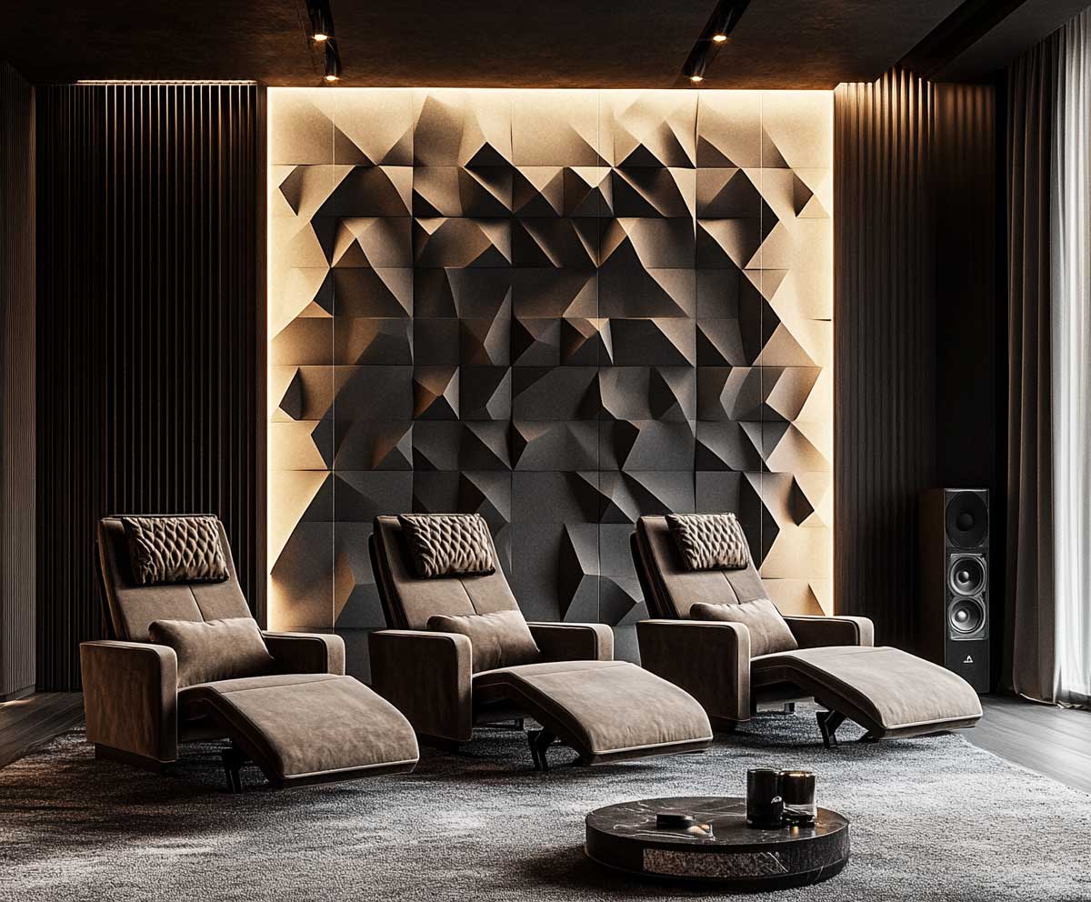 stylish media room, modern acoustic wall panels in geometric fabric textures, three reclining theater chairs in velvet, surround sound speakers, mood lighting, cinematic vibe, warm tones