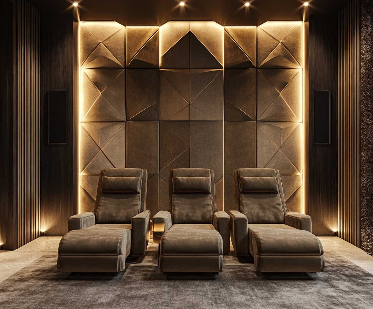 stylish media room, modern acoustic wall panels in geometric fabric textures, three reclining theater chairs in velvet, surround sound speakers, mood lighting, cinematic vibe, warm tones
