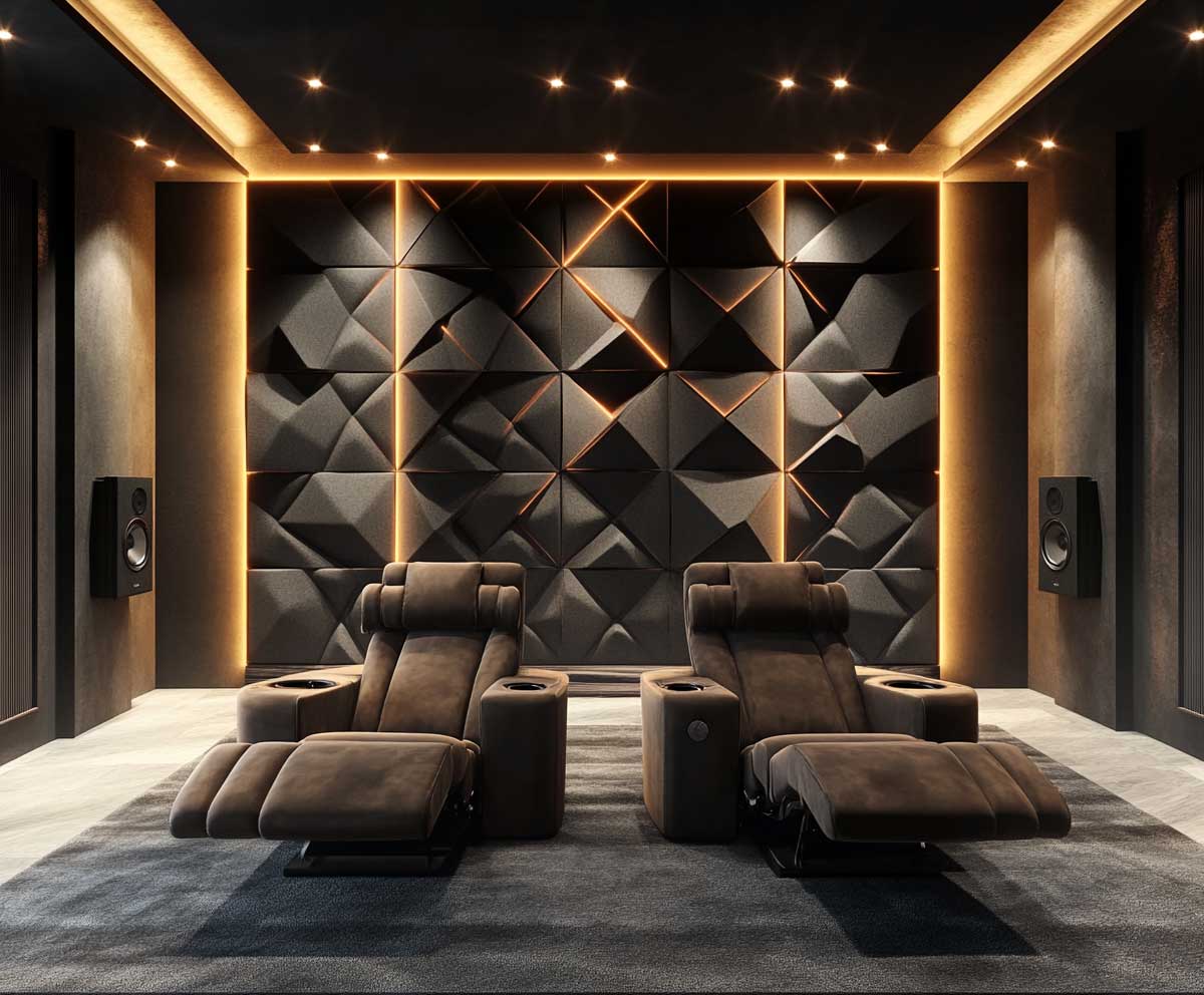 stylish media room, modern acoustic wall panels in geometric fabric textures, three reclining theater chairs in velvet, surround sound speakers, mood lighting, cinematic vibe, warm tones