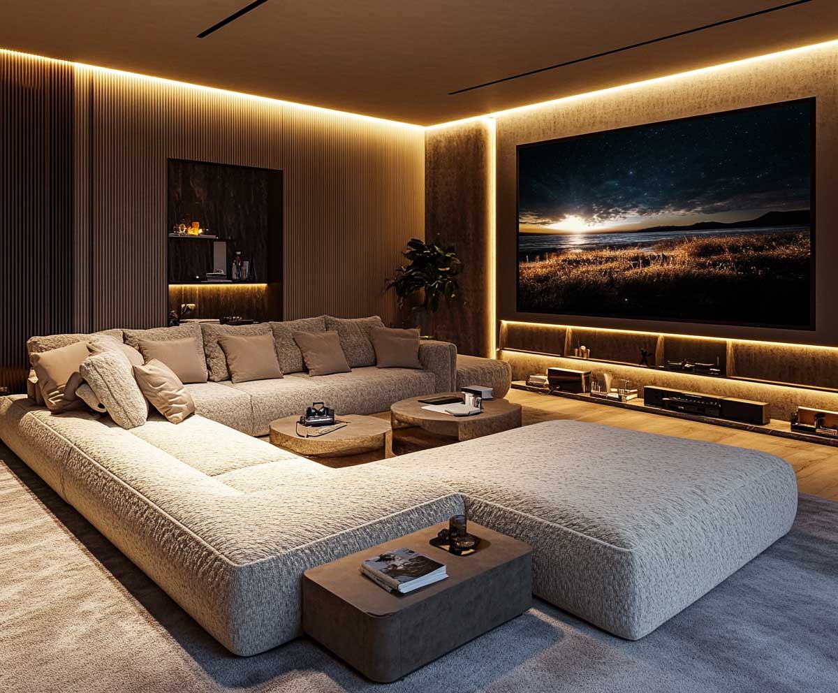 luxurious media room, L-shaped sectional sofa in boucle fabric, built-in charging stations and storage, ambient lighting, large flat-screen wall, cozy setting, modern home interior, cinematic atmosphere, realistic lighting, soft textures