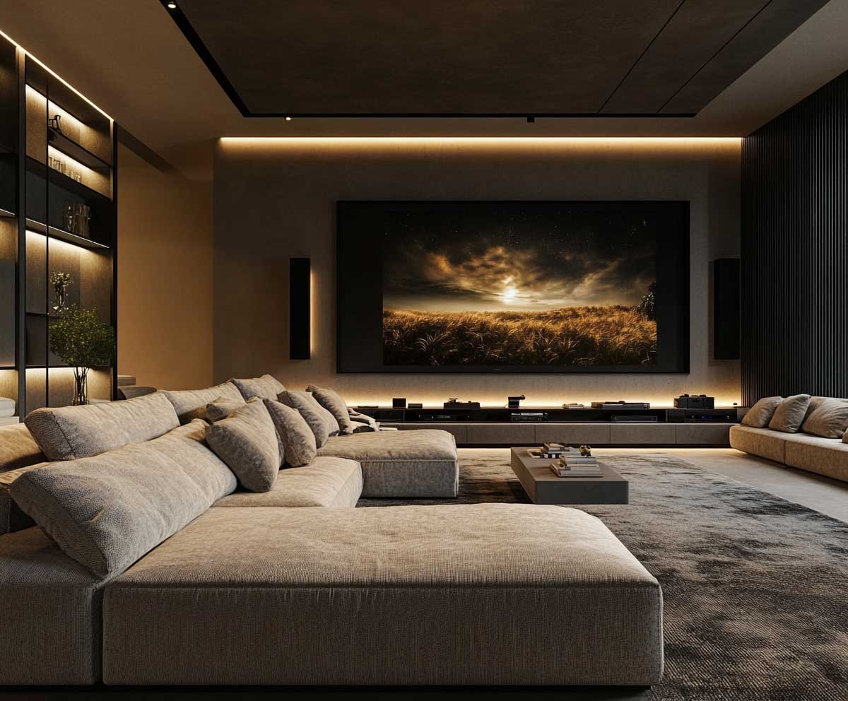 luxurious media room, L-shaped sectional sofa in boucle fabric, built-in charging stations and storage, ambient lighting, large flat-screen wall, cozy setting, modern home interior, cinematic atmosphere, realistic lighting, soft textures