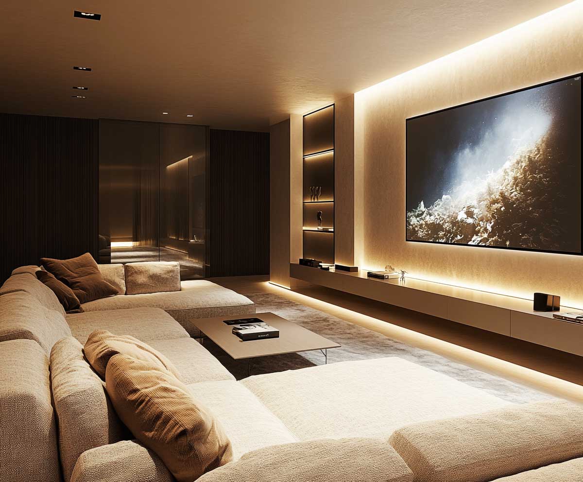 luxurious media room, L-shaped sectional sofa in boucle fabric, built-in charging stations and storage, ambient lighting, large flat-screen wall, cozy setting, modern home interior, cinematic atmosphere, realistic lighting, soft textures
