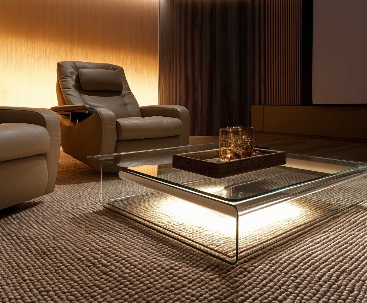 media room scene, sleek LED-lit glass coffee table, thick woven wool rug in neutral tones, ambient under-table lighting, leather recliners, immersive home theater setting, modern aesthetic, soft lighting