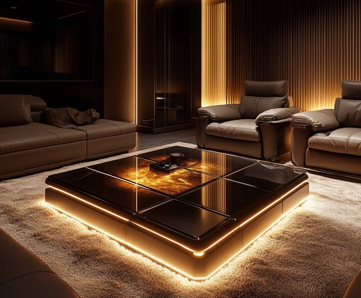 media room scene, sleek LED-lit glass coffee table, thick woven wool rug in neutral tones, ambient under-table lighting, leather recliners, immersive home theater setting, modern aesthetic, soft lighting