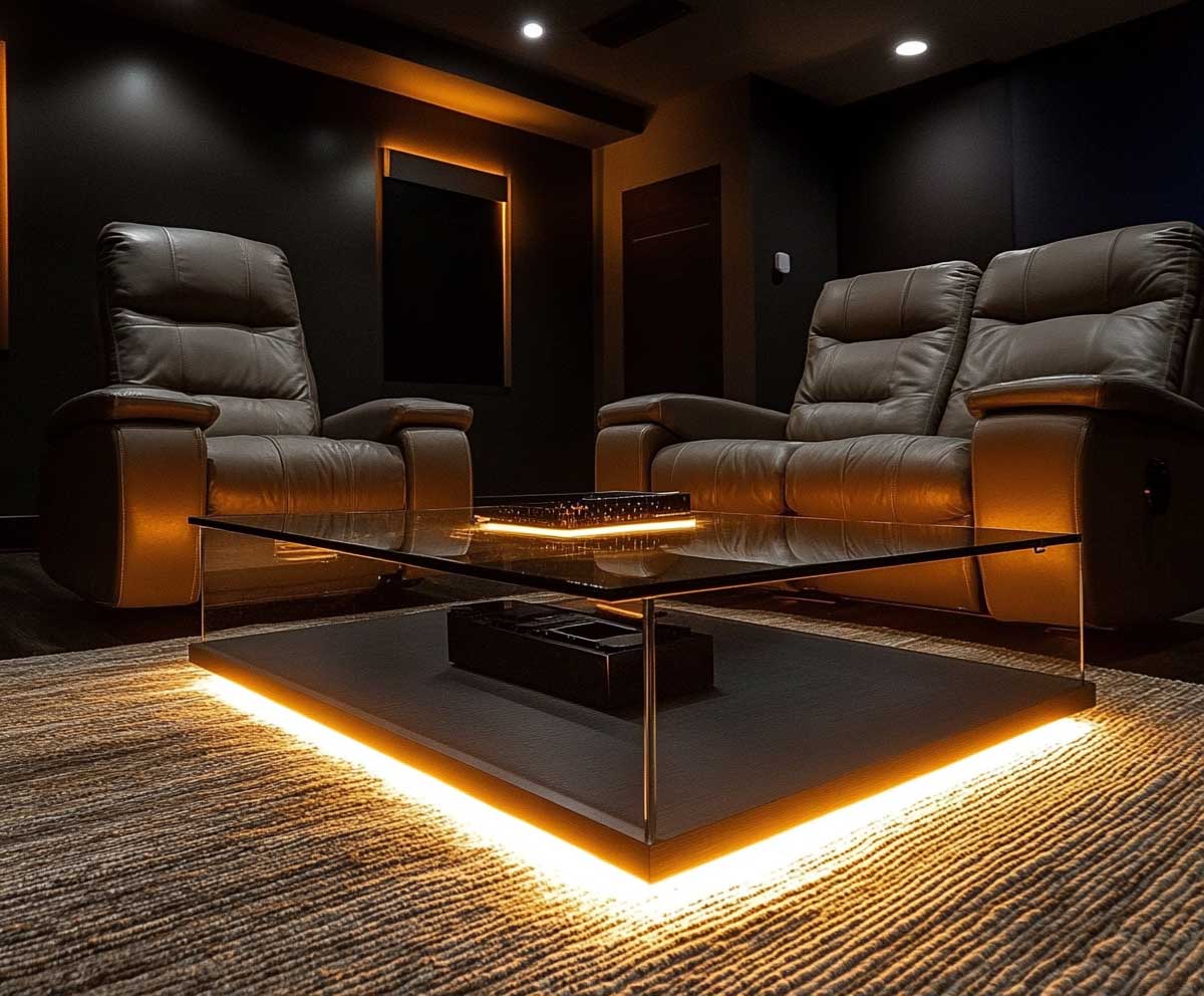 media room scene, sleek LED-lit glass coffee table, thick woven wool rug in neutral tones, ambient under-table lighting, leather recliners, immersive home theater setting, modern aesthetic, soft lighting