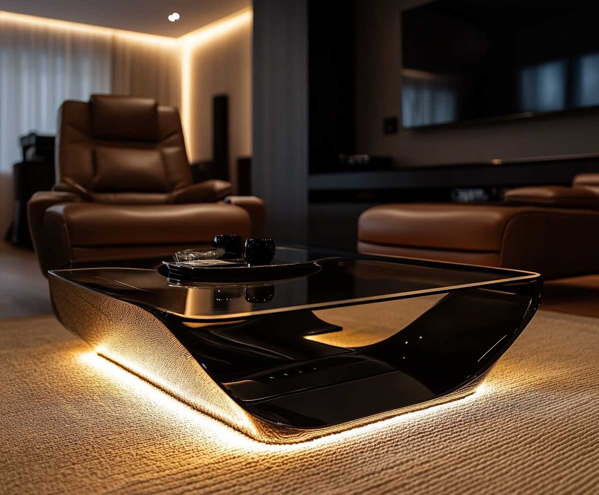 media room scene, sleek LED-lit glass coffee table, thick woven wool rug in neutral tones, ambient under-table lighting, leather recliners, immersive home theater setting, modern aesthetic, soft lighting