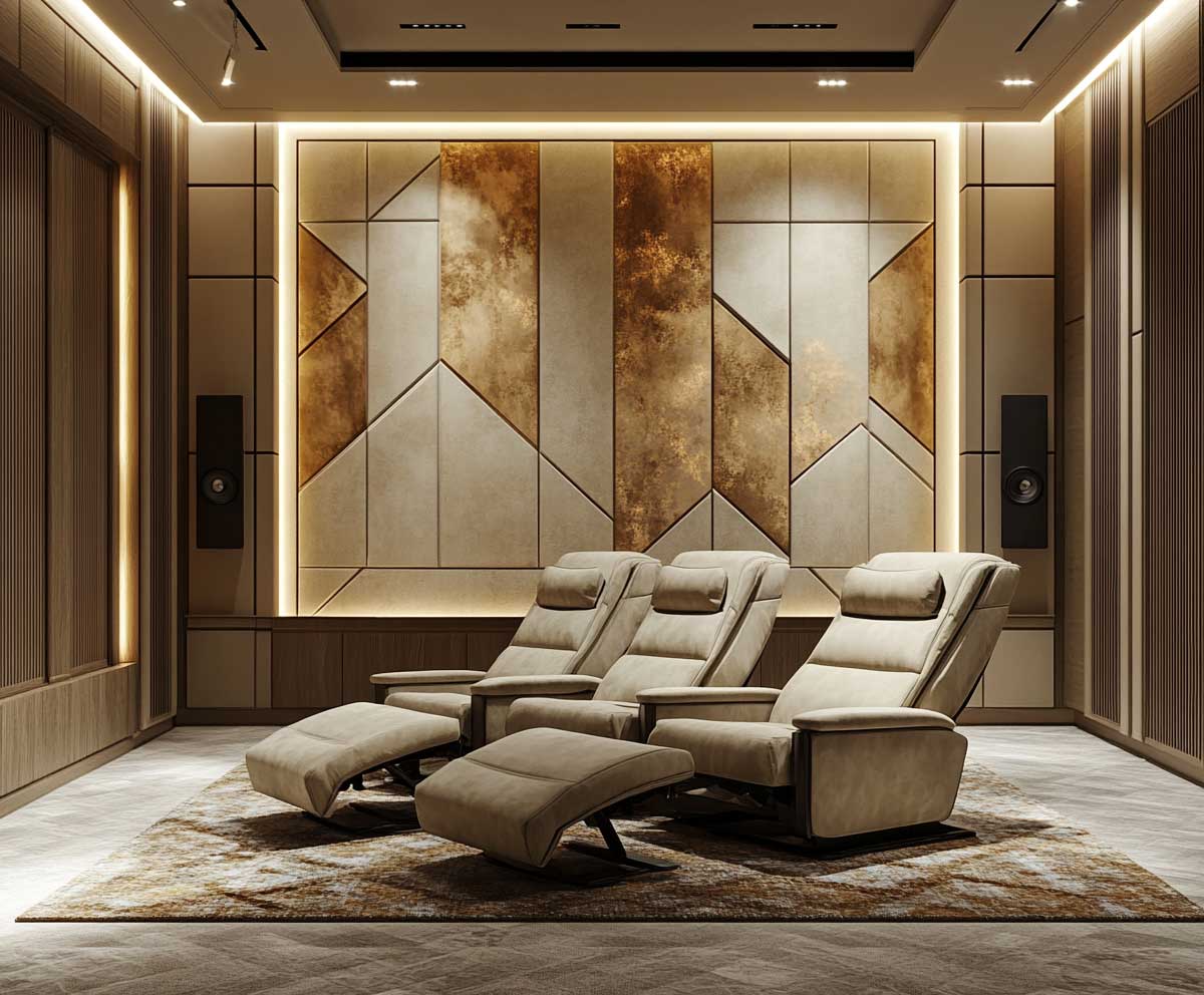 stylish media room, modern acoustic wall panels in geometric fabric textures, three reclining theater chairs in velvet, surround sound speakers, mood lighting, cinematic vibe, warm tones