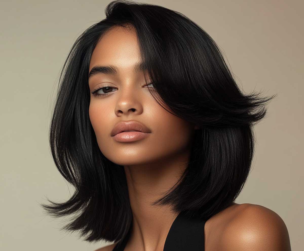 glamorous studio photo of woman with sleek medium length angled layered haircut in jet black, smooth finish, side part, soft box lighting, luxurious texture, beauty editorial mood