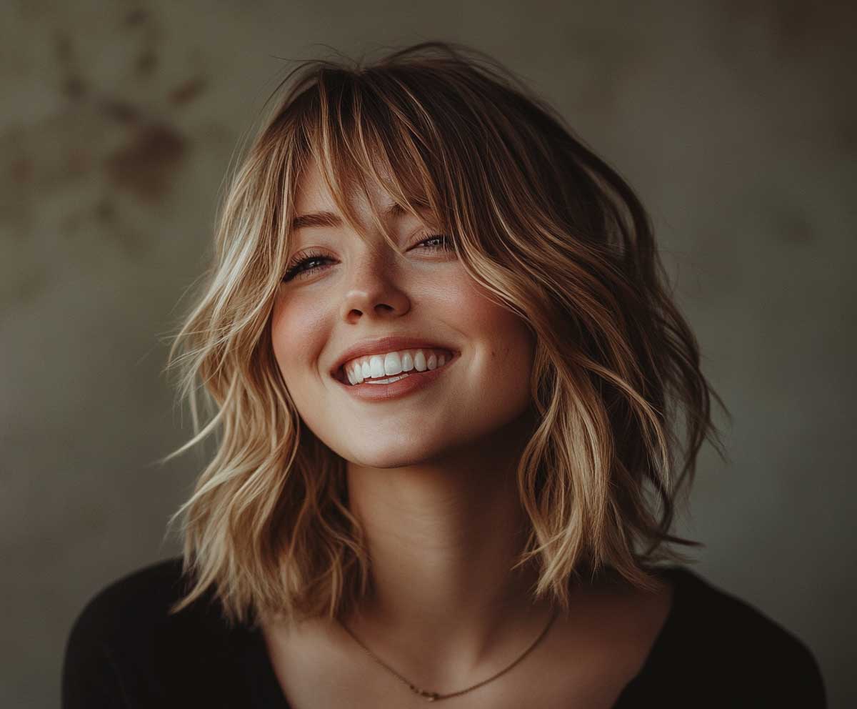 portrait of a smiling woman with tousled medium length haircut, layered honey blonde hair with soft waves, natural lighting, editorial fashion vibe, 35mm photography, depth of field