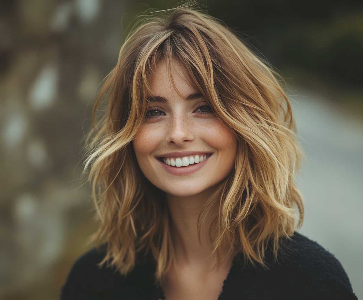 portrait of a smiling woman with tousled medium length haircut, layered honey blonde hair with soft waves, natural lighting, editorial fashion vibe, 35mm photography, depth of field