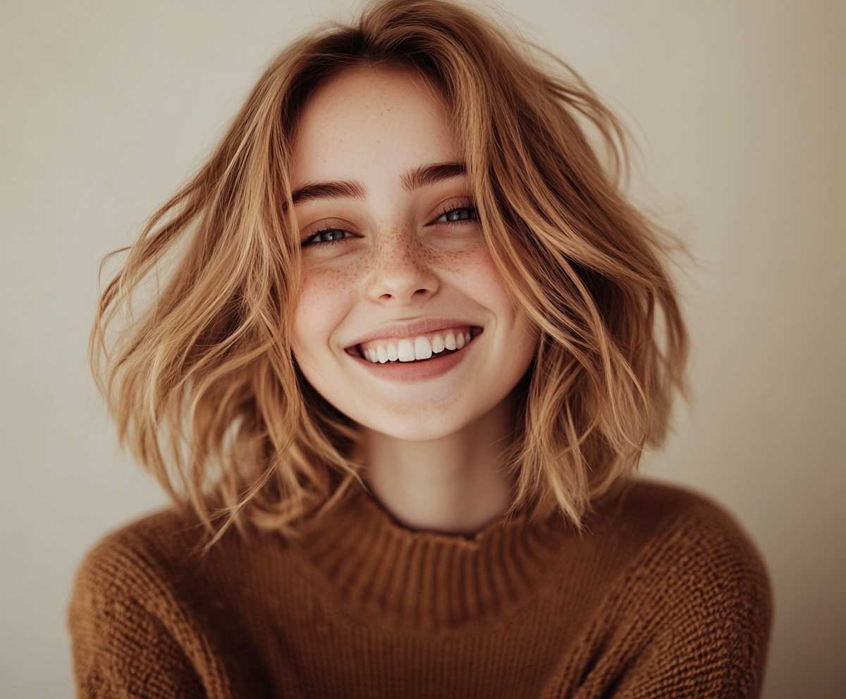 portrait of a smiling woman with tousled medium length haircut, layered honey blonde hair with soft waves, natural lighting, editorial fashion vibe, 35mm photography, depth of field