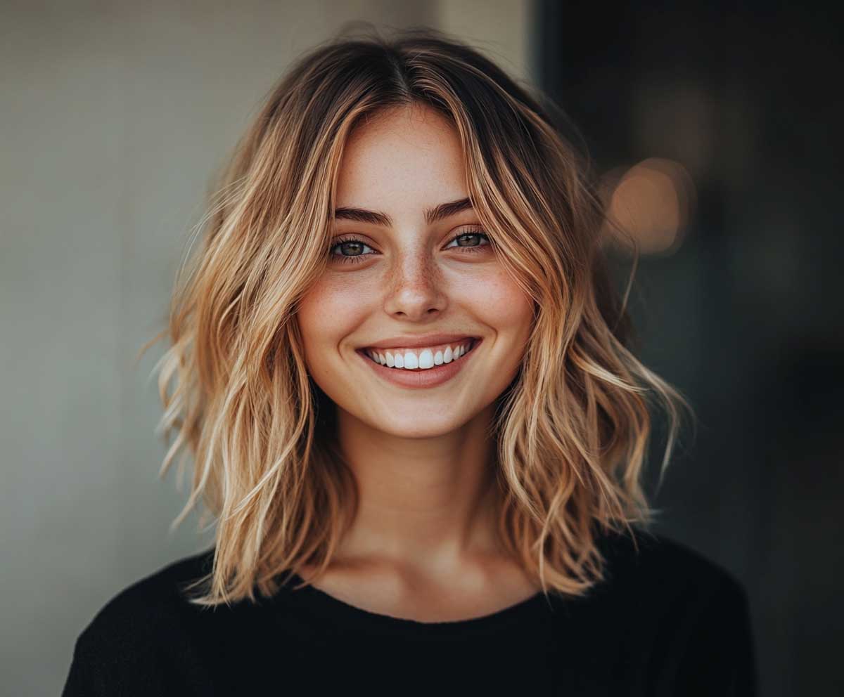portrait of a smiling woman with tousled medium length haircut, layered honey blonde hair with soft waves, natural lighting, editorial fashion vibe, 35mm photography, depth of field