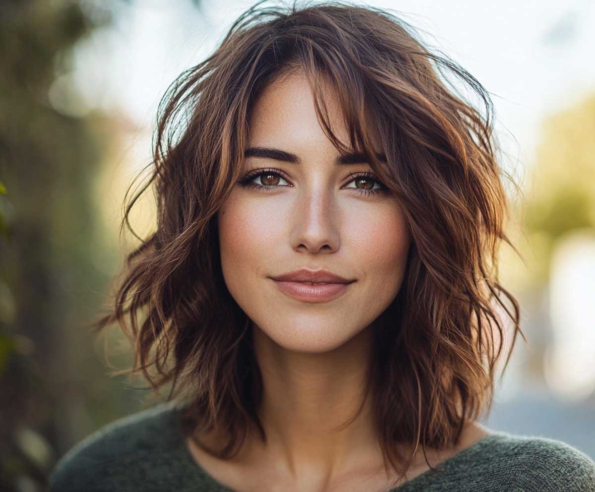 portrait of a woman in natural outdoor light with medium length cascading layered haircut, mocha brown hair color, soft blowout, realistic texture, elegant casual setting