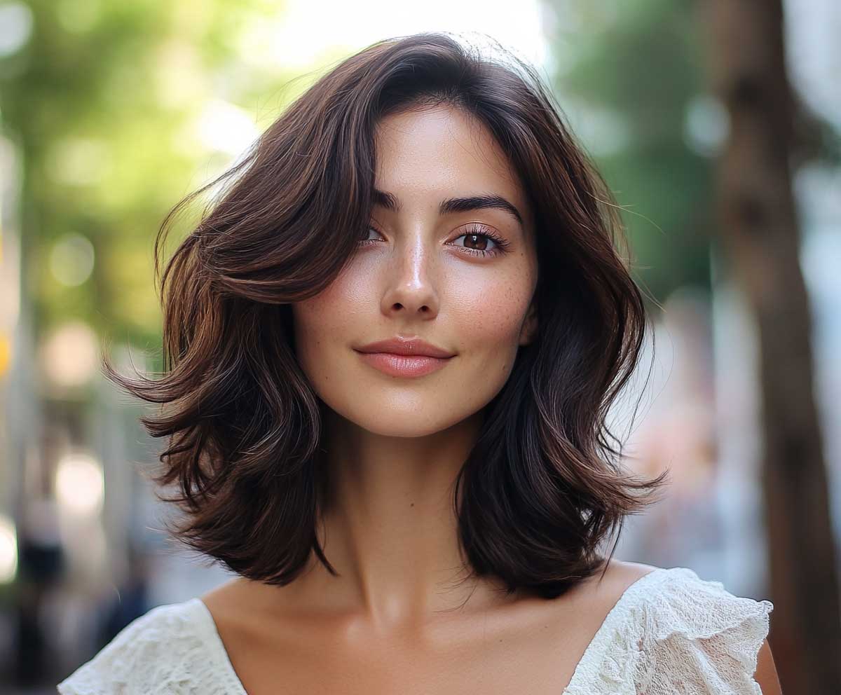 portrait of a woman in natural outdoor light with medium length cascading layered haircut, mocha brown hair color, soft blowout, realistic texture, elegant casual setting