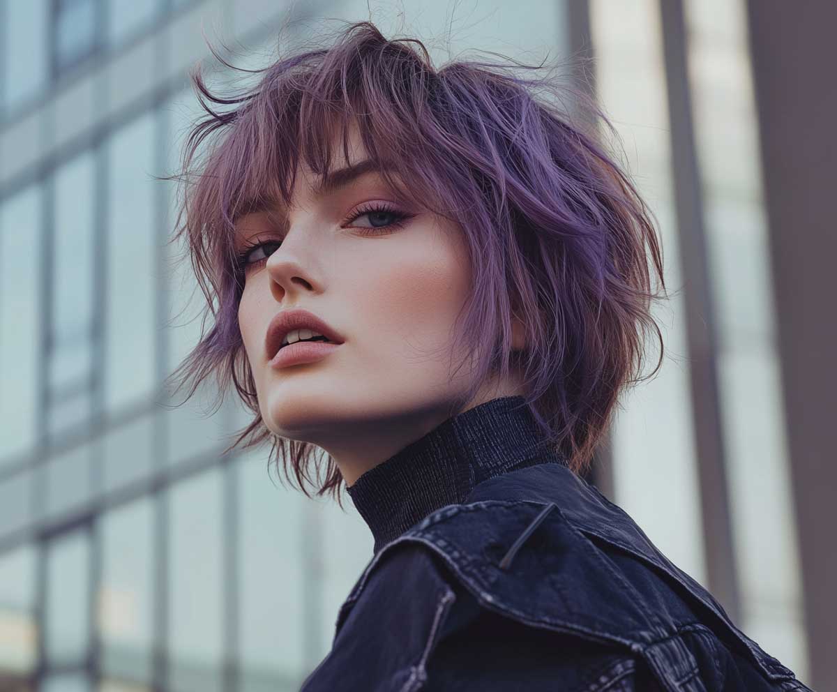 artistic editorial of woman with shaggy layered medium length haircut in smoky lavender, edgy street style vibe, natural makeup, overcast lighting, urban backdrop