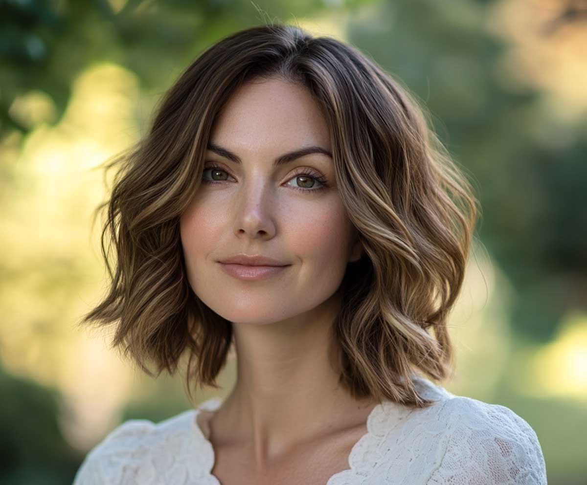 portrait of a woman in natural outdoor light with medium length cascading layered haircut, mocha brown hair color, soft blowout, realistic texture, elegant casual setting