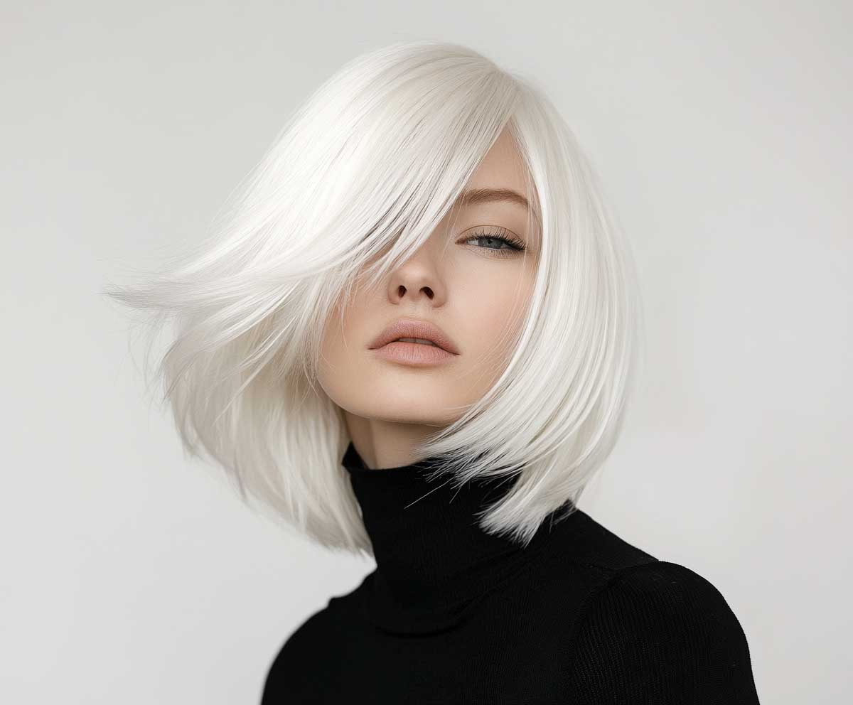 studio photo of a woman with icy platinum medium length haircut, feathered layers, smooth straight hair, cool tones, crisp high fashion lighting, minimalist background