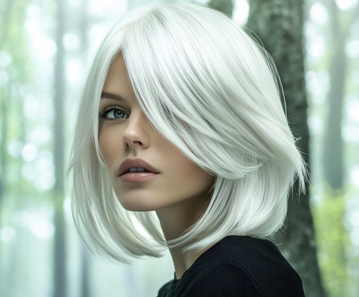 studio photo of a woman with icy platinum medium length haircut, feathered layers, smooth straight hair, cool tones, crisp high fashion lighting, minimalist background