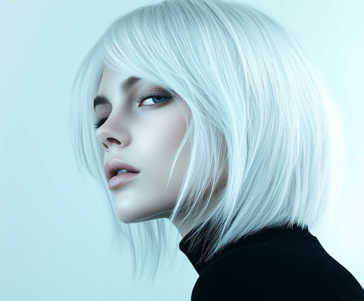 studio photo of a woman with icy platinum medium length haircut, feathered layers, smooth straight hair, cool tones, crisp high fashion lighting, minimalist background
