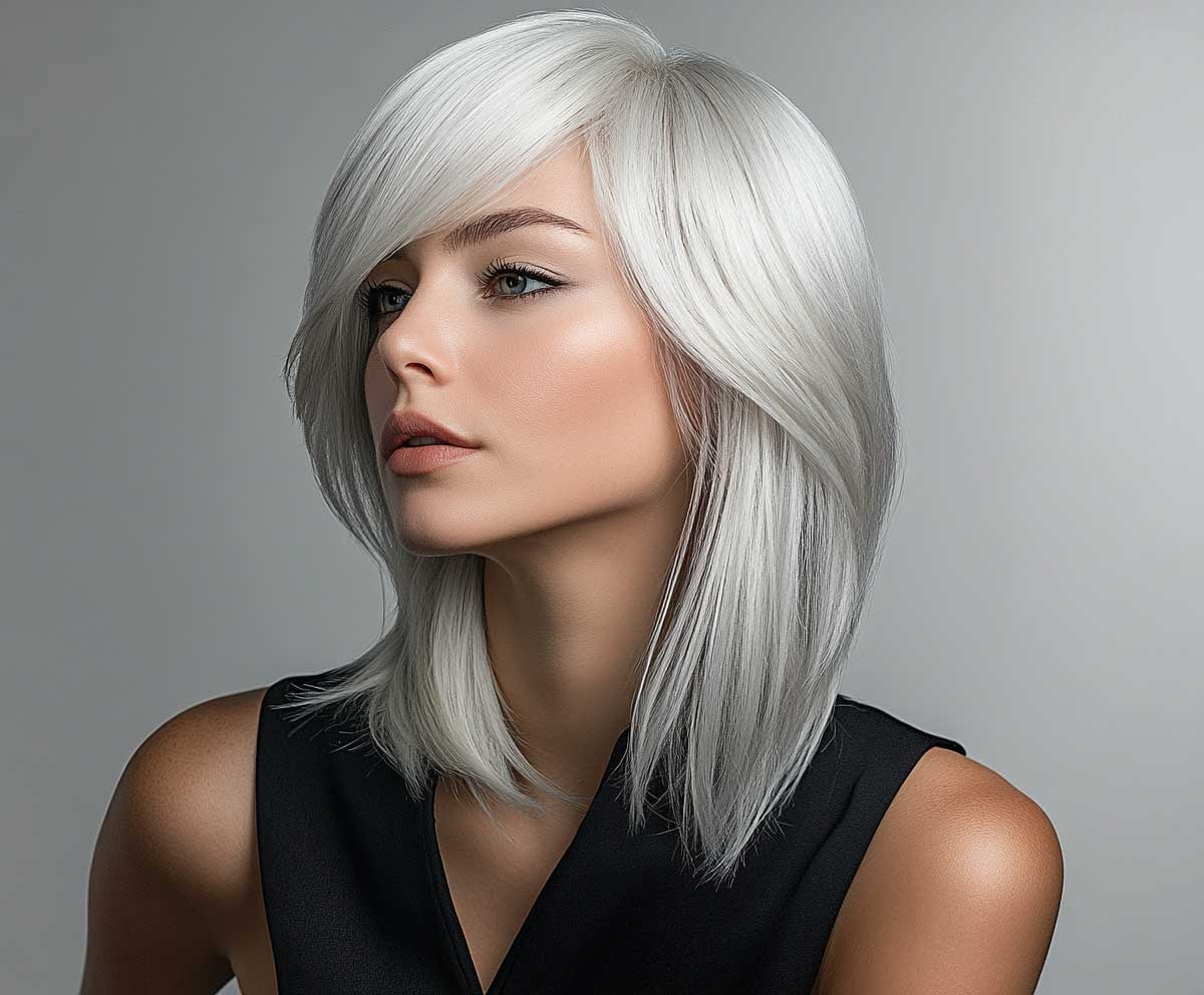 studio photo of a woman with icy platinum medium length haircut, feathered layers, smooth straight hair, cool tones, crisp high fashion lighting, minimalist background