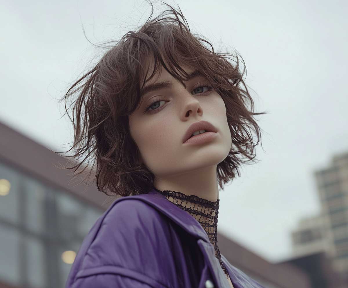 artistic editorial of woman with shaggy layered medium length haircut in smoky lavender, edgy street style vibe, natural makeup, overcast lighting, urban backdrop