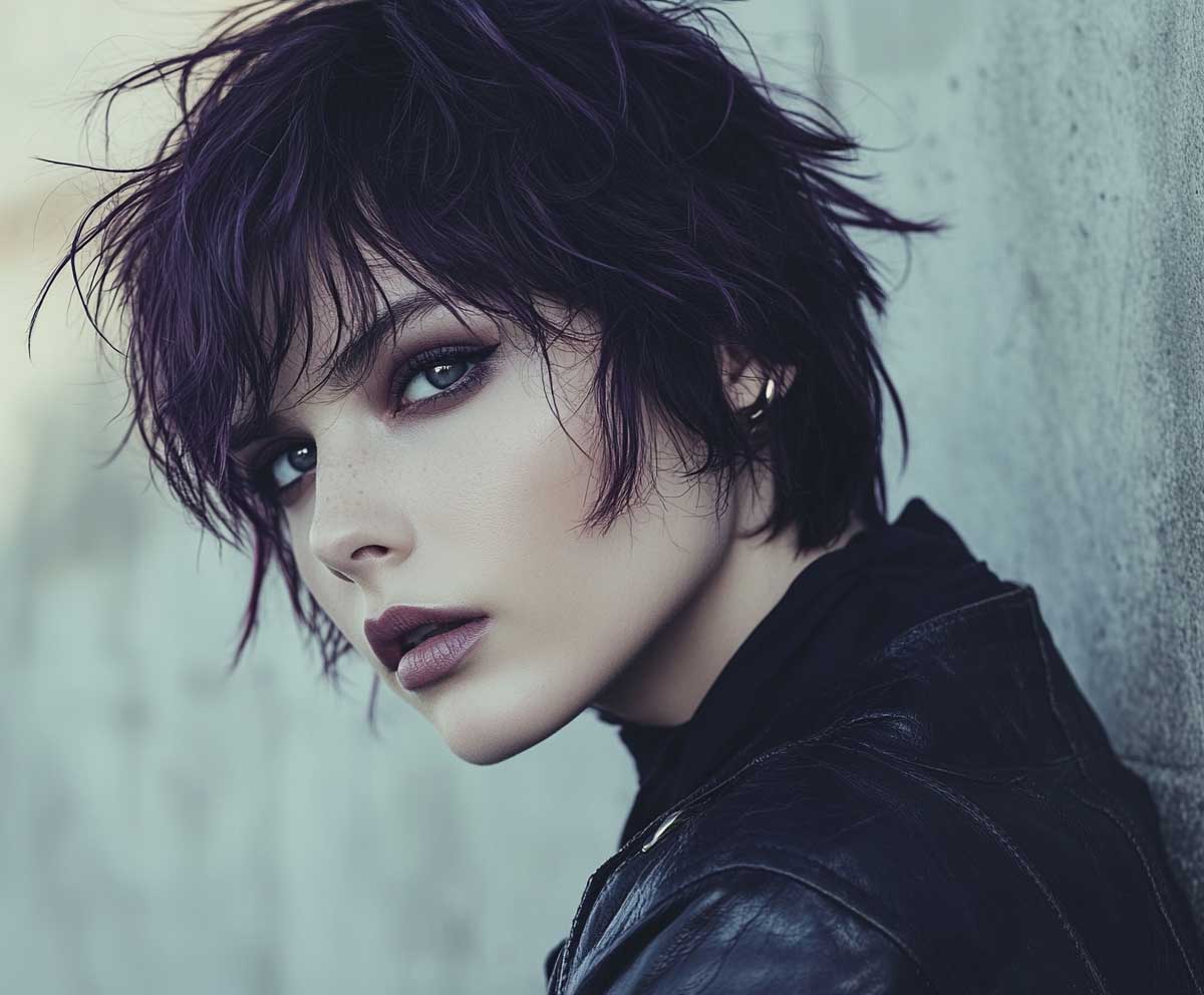 artistic editorial of woman with shaggy layered medium length haircut in smoky lavender, edgy street style vibe, natural makeup, overcast lighting, urban backdrop