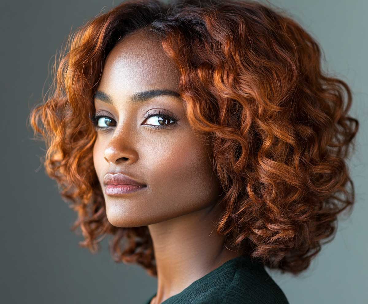 closeup of a confident woman with textured medium length layered hair in deep copper, soft natural curls, high resolution beauty photography, side lighting for rich color depth