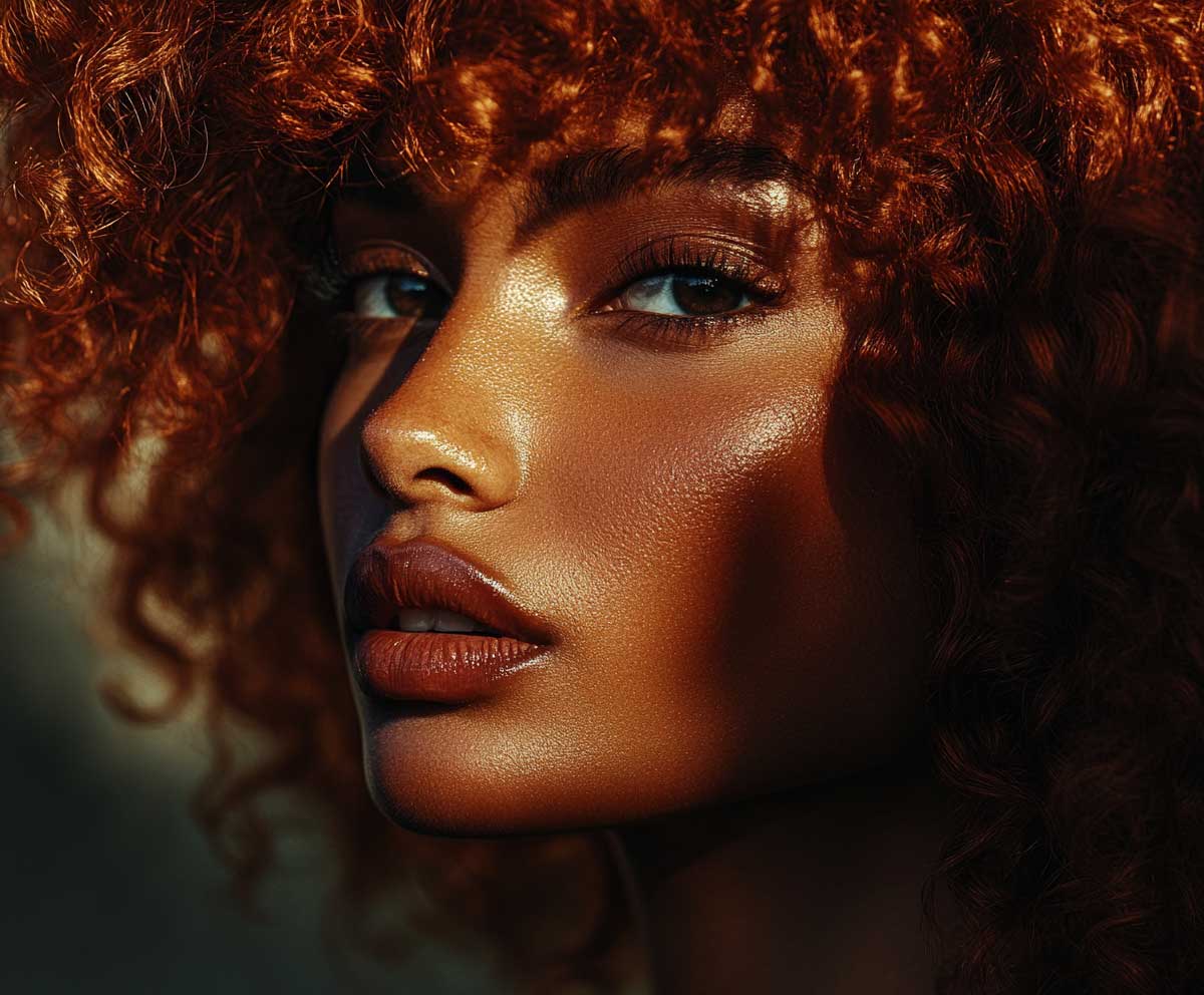 closeup of a confident woman with textured medium length layered hair in deep copper, soft natural curls, high resolution beauty photography, side lighting for rich color depth