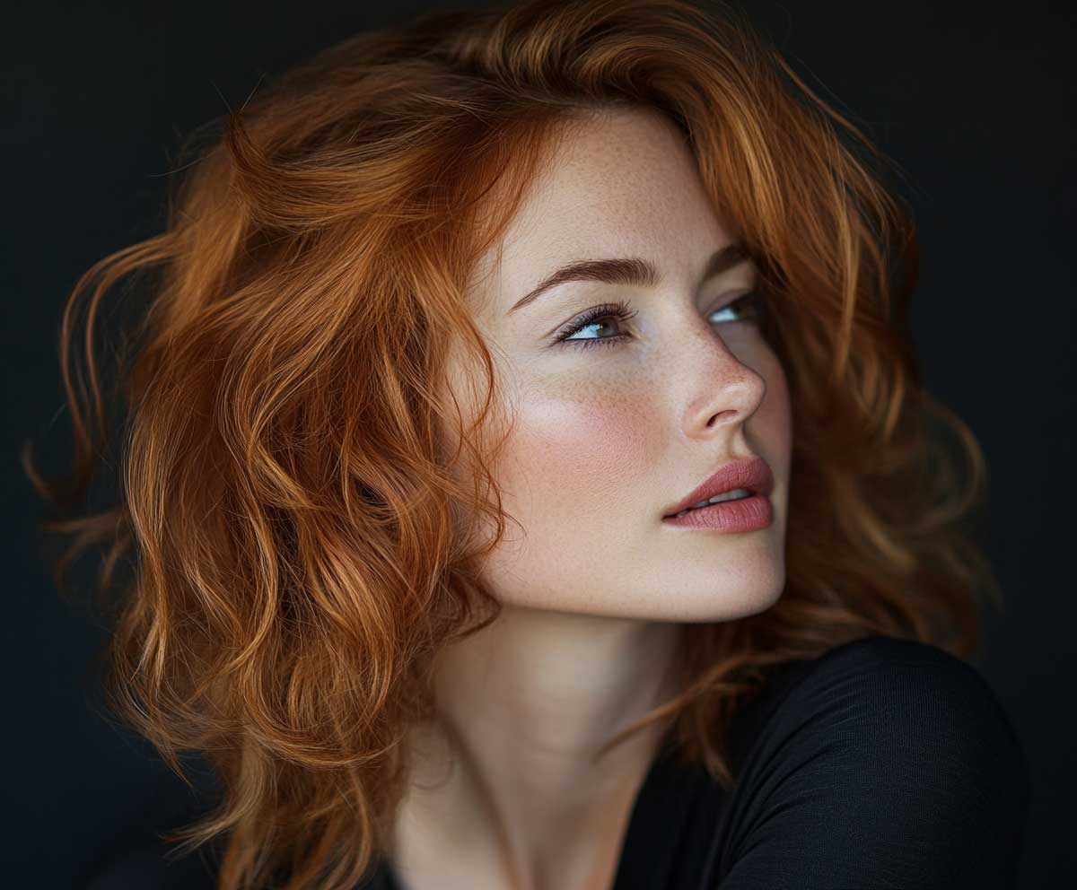 closeup of a confident woman with textured medium length layered hair in deep copper, soft natural curls, high resolution beauty photography, side lighting for rich color depth