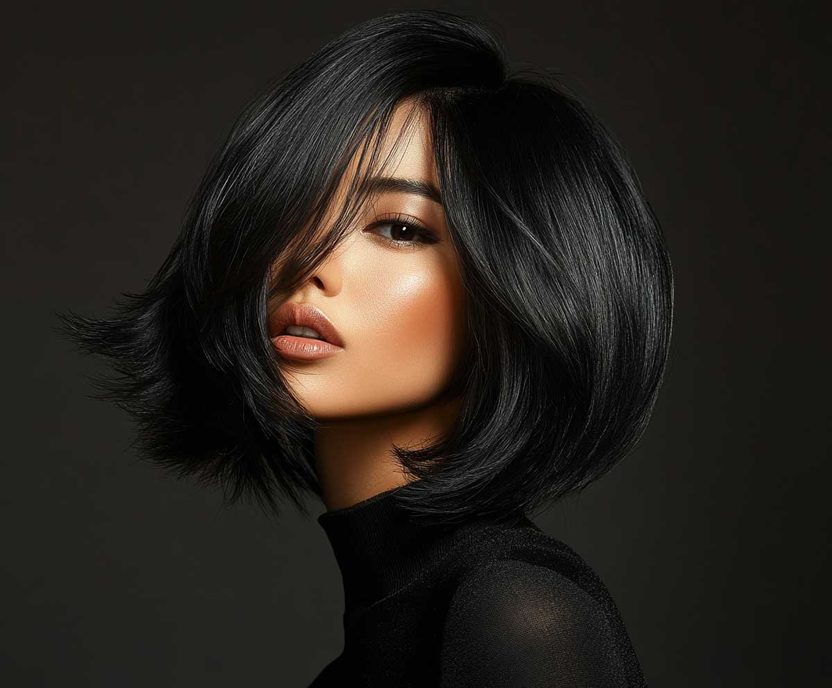 glamorous studio photo of woman with sleek medium length angled layered haircut in jet black, smooth finish, side part, soft box lighting, luxurious texture, beauty editorial mood