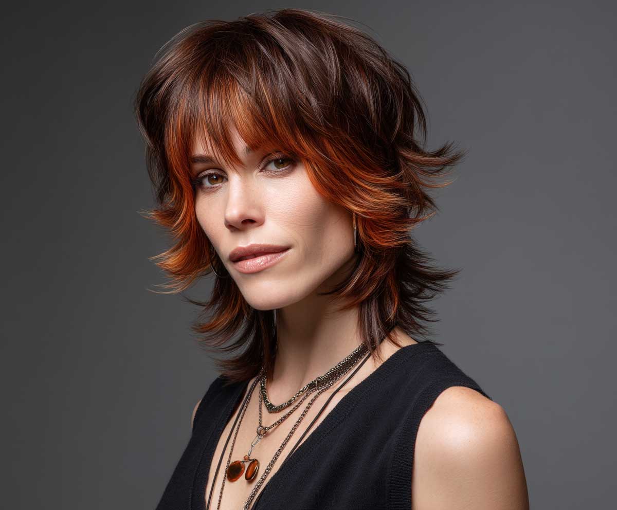 woman with disconnected medium shag haircut, bold copper highlights, layered razor texture, modern studio lighting, contemporary setting, shoulder-length edgy hairstyle, front view
