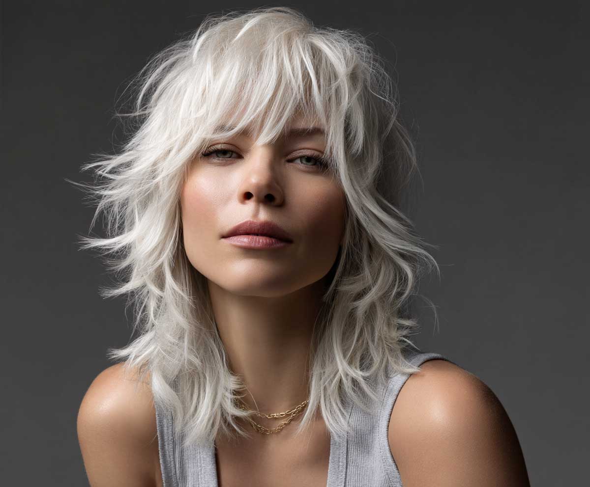 woman with disheveled medium shag haircut, platinum feathered bangs, studio close-up, artistic lighting, tousled waves, undone styling, platinum blonde hair, relaxed mood, fashion photography