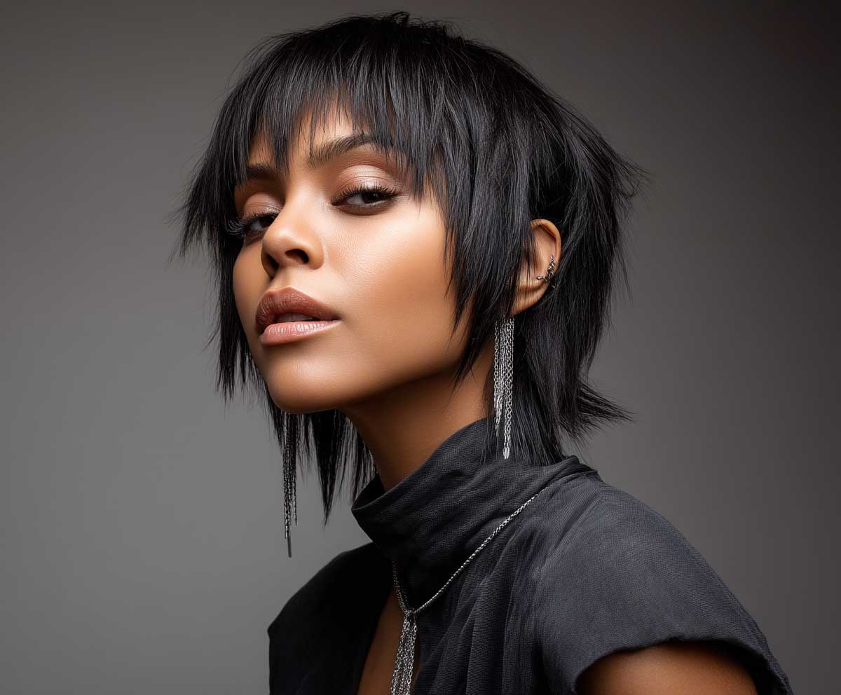 fashion model with sleek medium shag haircut, jet black choppy layers, minimal studio background, moody lighting, sharp hairstyle details, mid-length haircut, neutral makeup, high-fashion styling
