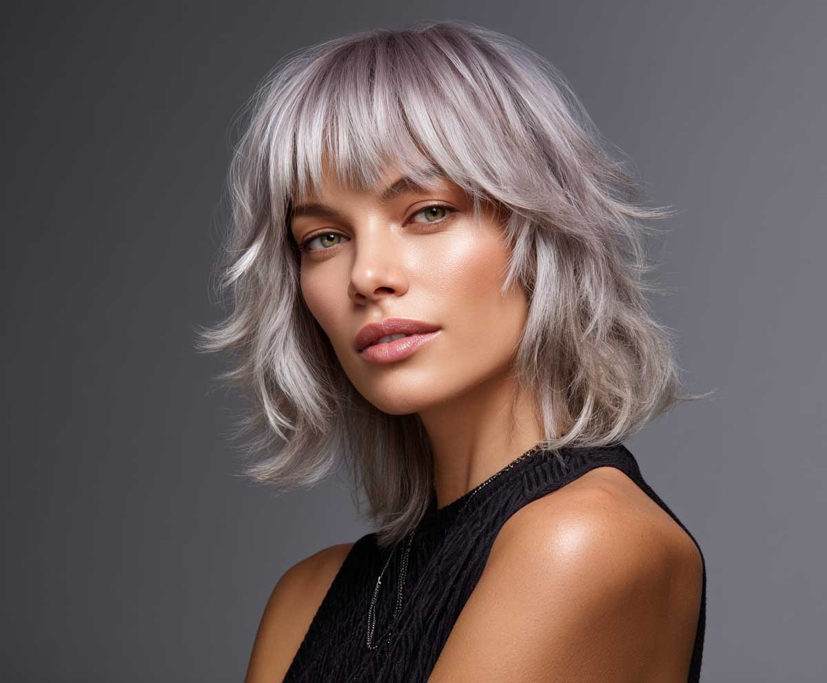 fashion model with tapered medium shag haircut, lilac textured ends, cool lighting, minimal background, shoulder-length hairstyle, contemporary vibe, detailed hair focus