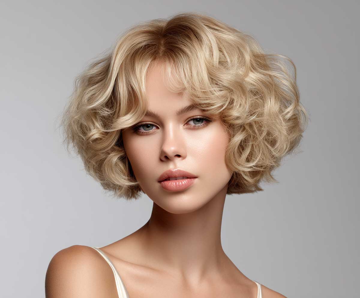 female model with blunt-ended medium shag haircut, honey blonde layered waves, front-facing angle, clean white backdrop, modern hairstyle showcase, detailed texture in hair, natural expression, commercial beauty lighting