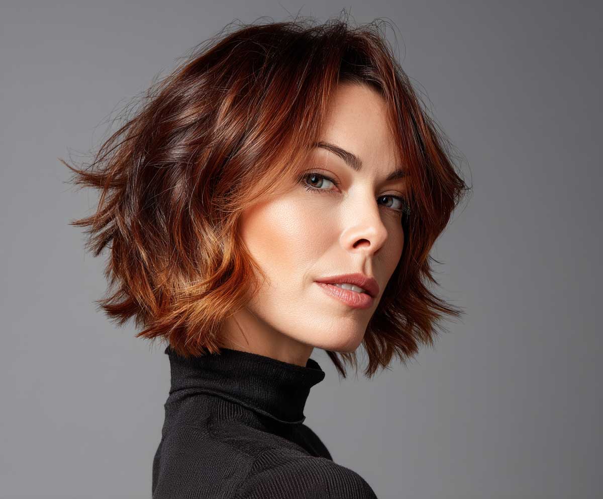woman with disconnected medium shag haircut, bold copper highlights, layered razor texture, modern studio lighting, contemporary setting, shoulder-length edgy hairstyle, front view