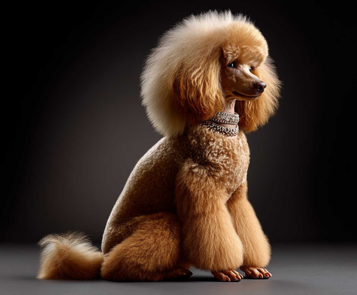 full-body mini goldendoodle with sculpted lion-style cut, fluffy mane around head and neck, close-trimmed body, elegant tail plume, sitting pose, dramatic lighting, high-quality coat detail