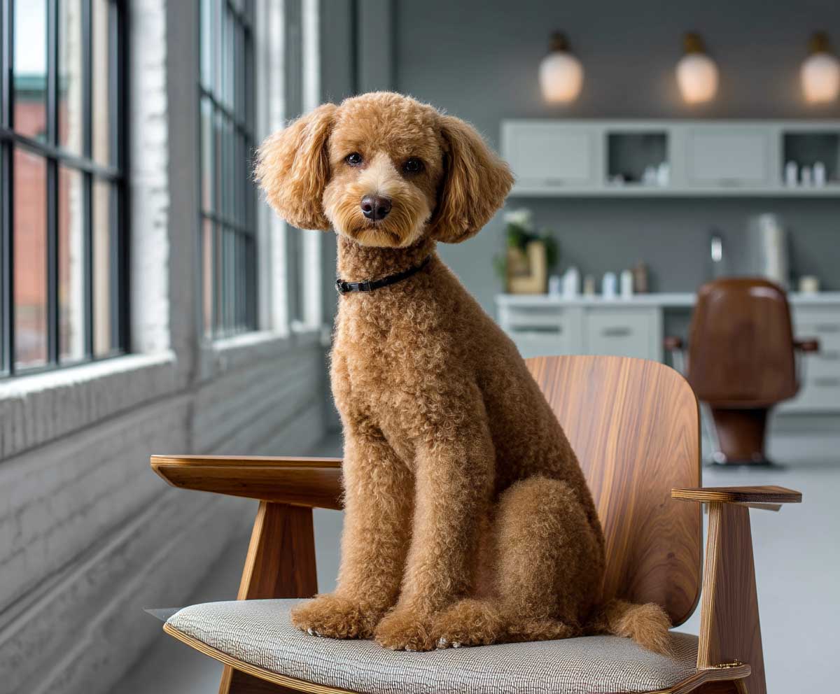 full-body mini goldendoodle in Scandinavian cut, balanced proportions, short coat with uniform trimming, rounded paws, open cheerful face, soft warm light, modern grooming studio