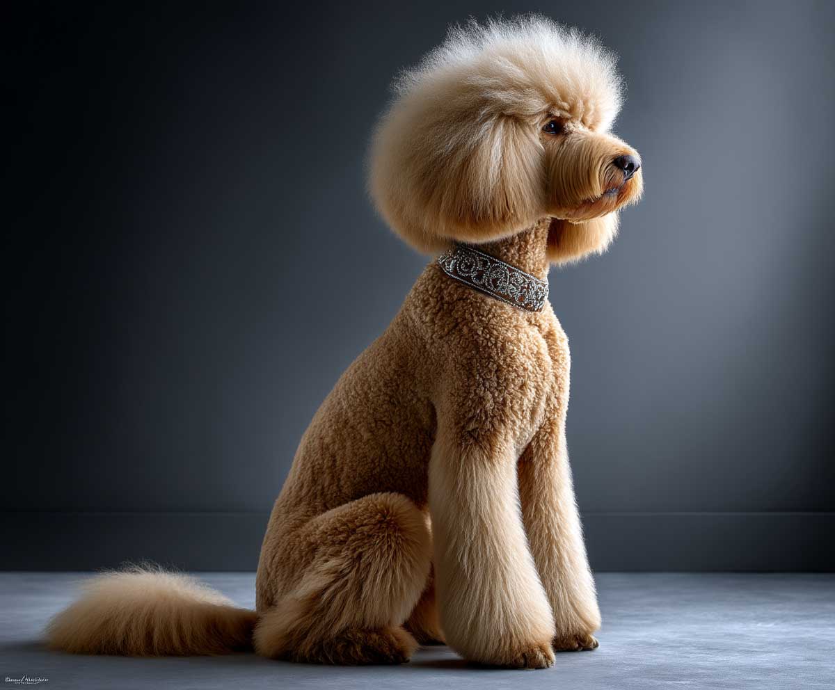 full-body mini goldendoodle with sculpted lion-style cut, fluffy mane around head and neck, close-trimmed body, elegant tail plume, sitting pose, dramatic lighting, high-quality coat detail