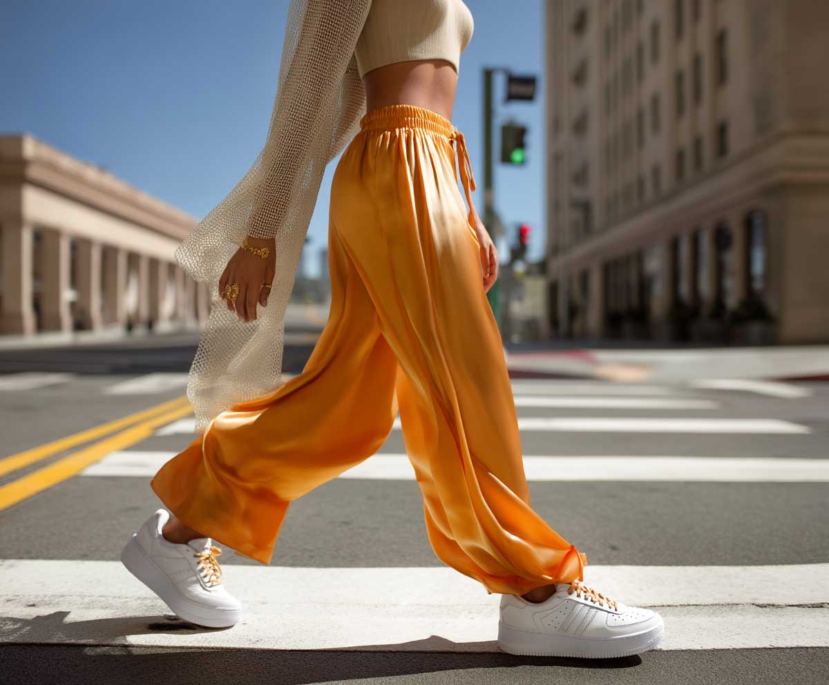 Daytime fashion editorial shot of a stylish woman wearing neon tangerine wide-leg trousers and crisp white sneakers, paired with a cropped beige top, walking across a crosswalk in sunlight, dynamic motion, soft shadows, modern urban look