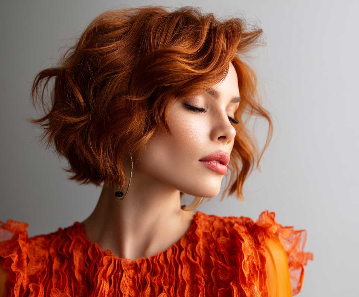 pixie bob haircut, copper red soft ripples, dreamy wave effect, warm sunset-inspired lighting, flowing short layers, artistic portrait, soft textures, glowing skin tone, fashion vibe