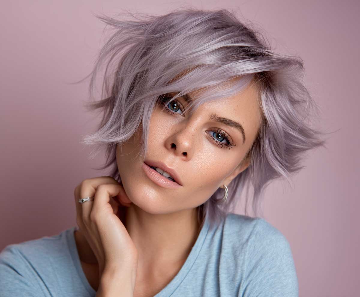 pixie bob haircut, dusty lavender hair color, outward flicked ends, playful soft layers, casual fashion, natural expression, creative lighting, pastel background, hair detail focus