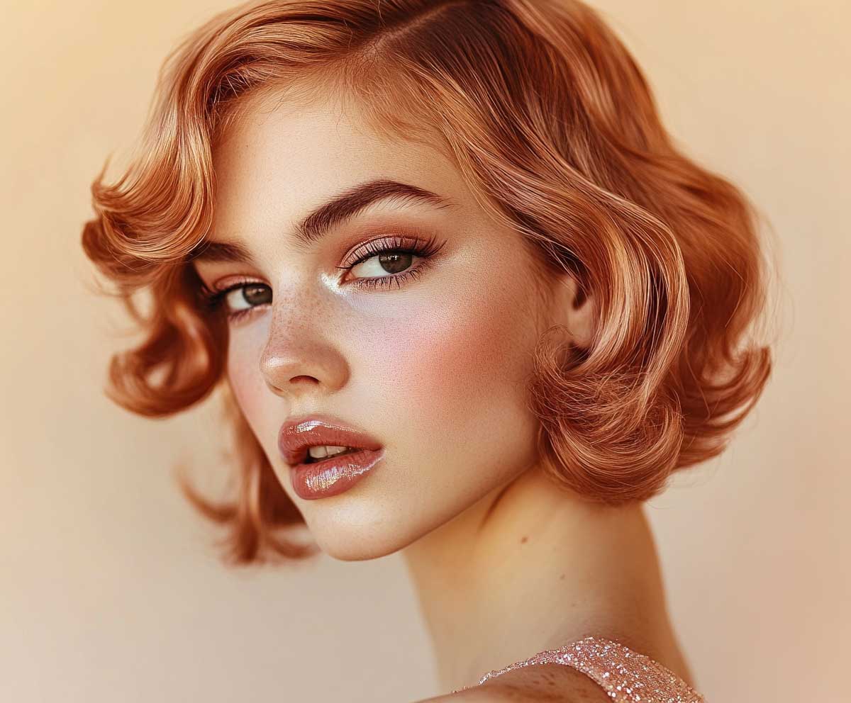 pixie bob haircut with curled rose gold ends, vintage inspired waves, soft glam makeup, warm lighting, chic young woman, modern retro style, high-definition close-up, airy background