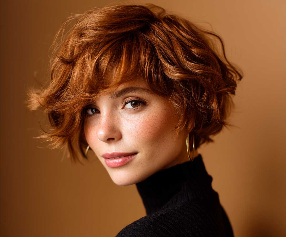 pixie bob haircut, loose copper red waves, natural makeup, soft bounce texture, glowing lighting, relaxed fashion look, warm background tones, hair movement focus, studio portrait