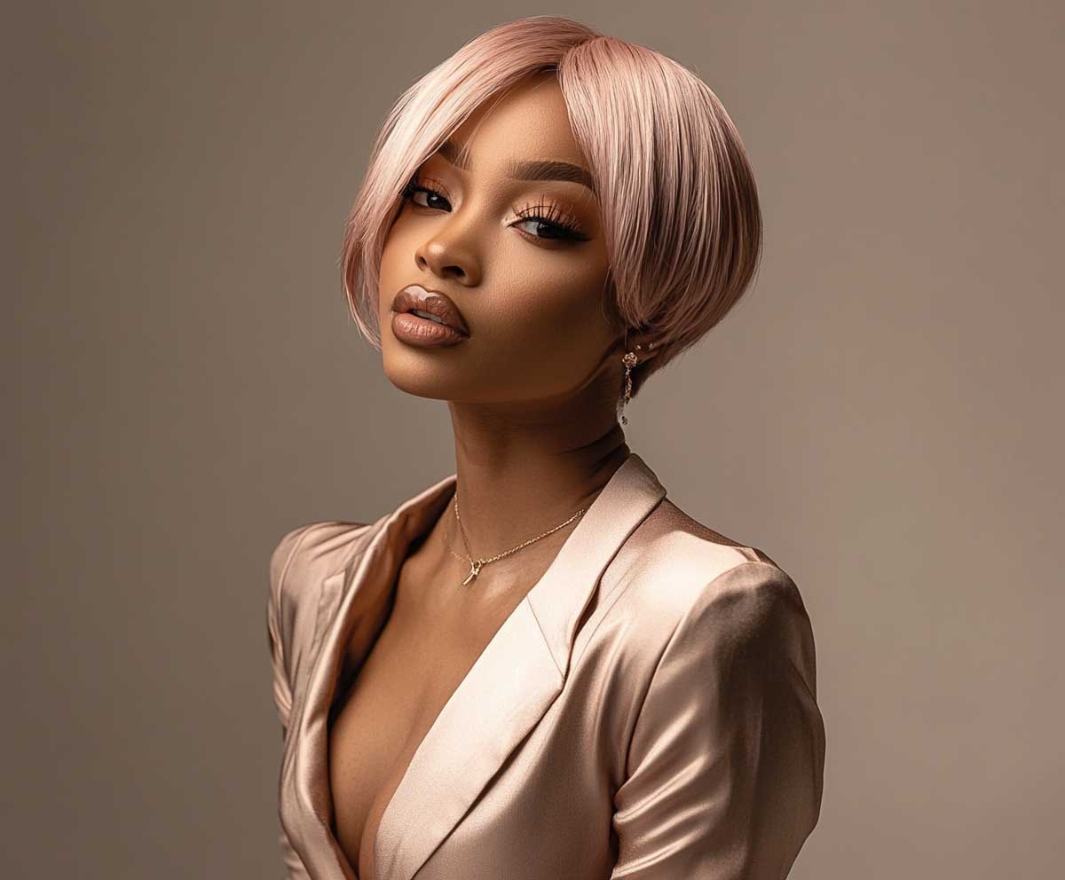 sleek pixie bob haircut, rose gold metallic hair, glossy finish, sharp layers, studio lighting, elegant woman, minimalist outfit, neutral background, fashion photography, sharp focus