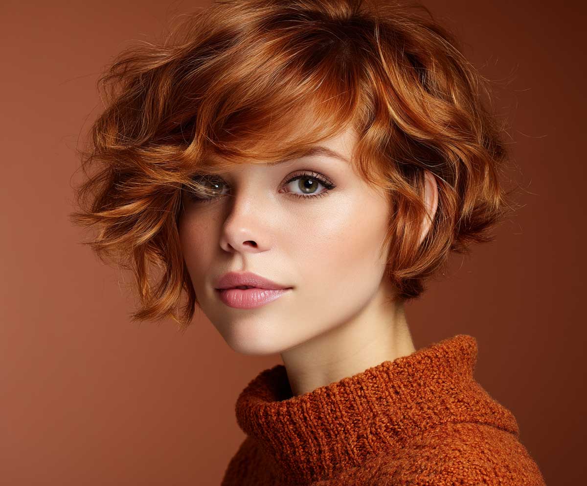 pixie bob haircut, loose copper red waves, natural makeup, soft bounce texture, glowing lighting, relaxed fashion look, warm background tones, hair movement focus, studio portrait