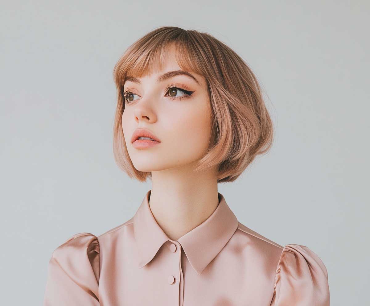 sleek pixie bob haircut, rose gold metallic hair, glossy finish, sharp layers, studio lighting, elegant woman, minimalist outfit, neutral background, fashion photography, sharp focus